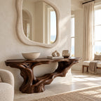 Rustic Driftwood Root Console Table With Lower Display Shelf For Hallway