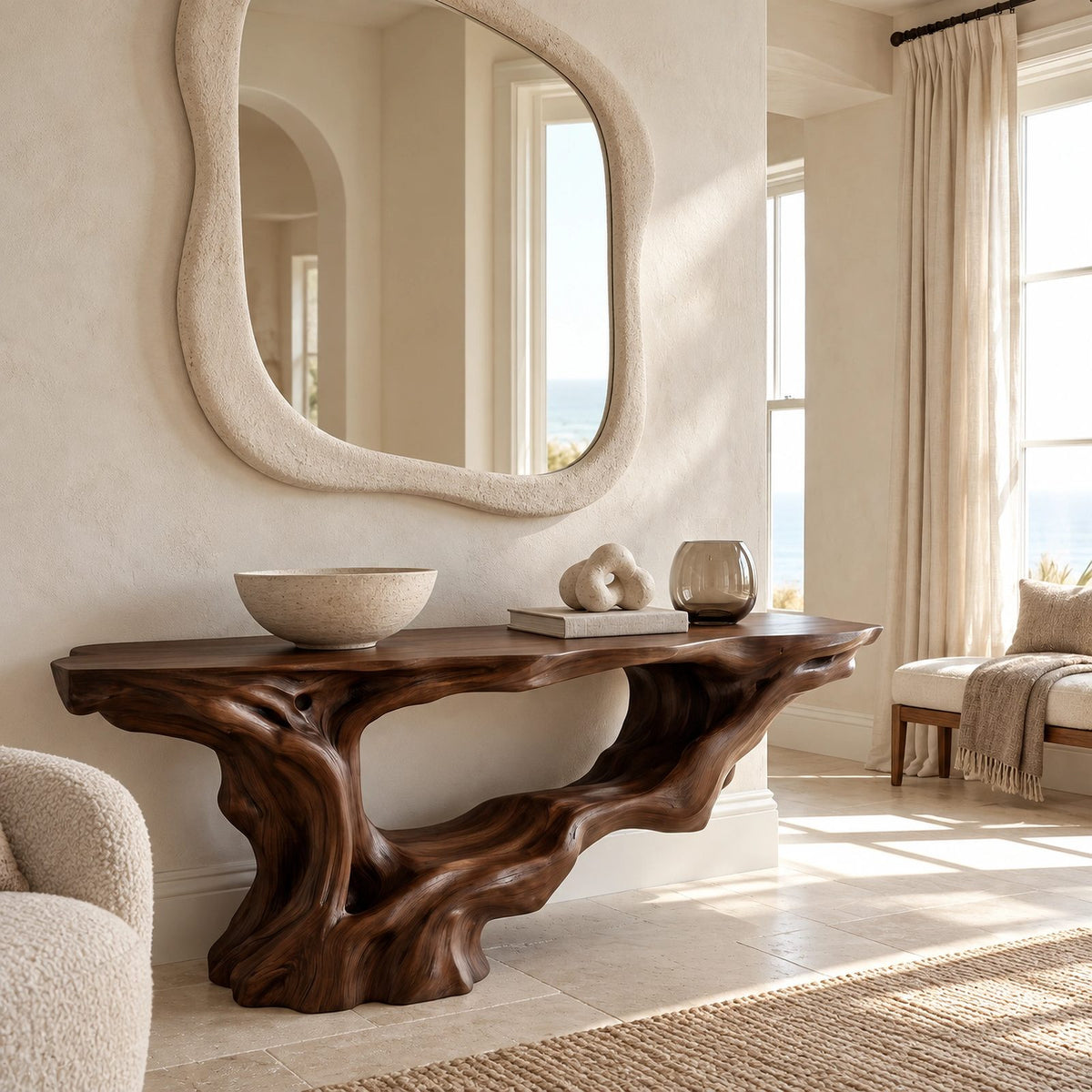 Rustic Driftwood Root Console Table With Lower Display Shelf For Hallway