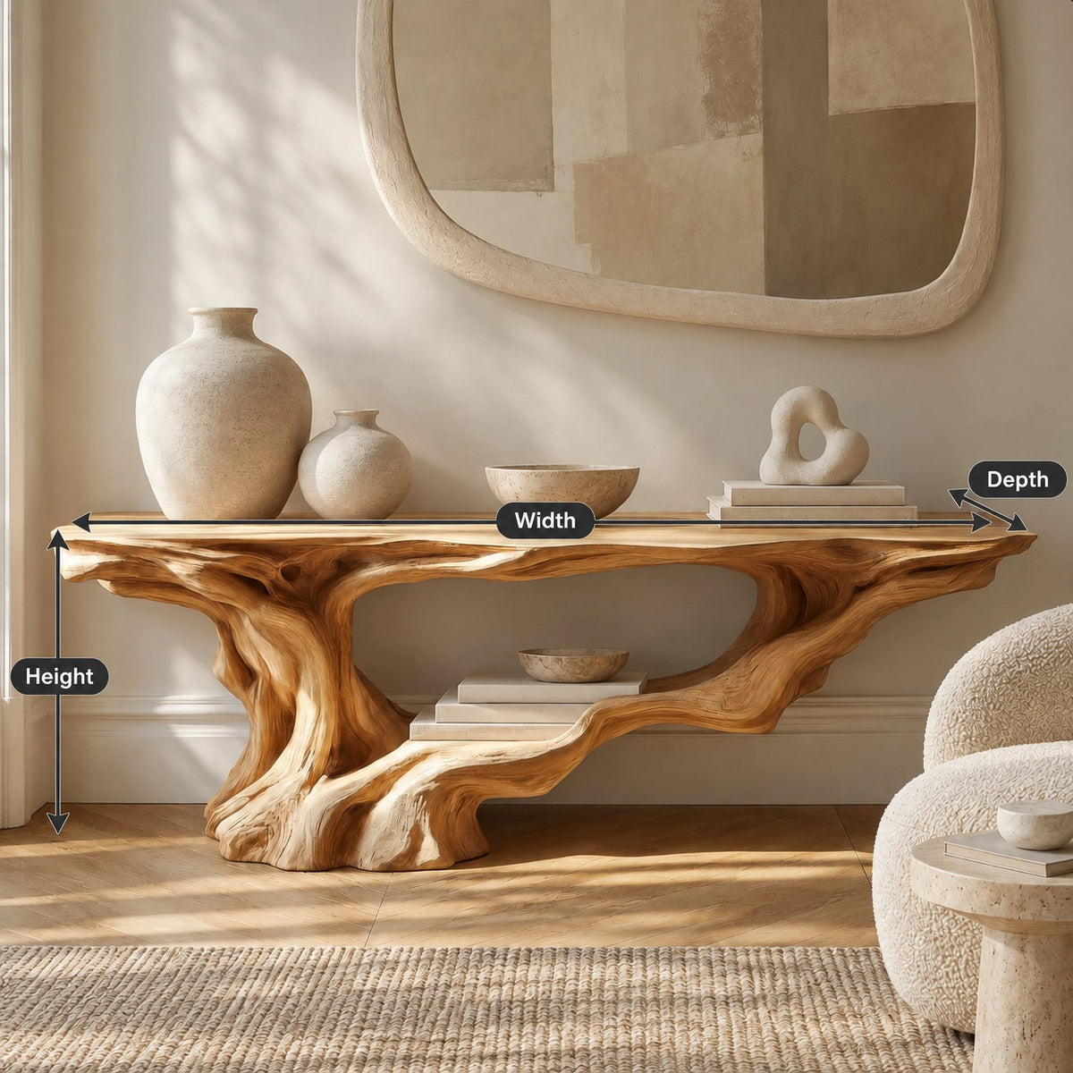 Rustic Driftwood Root Console Table With Lower Display Shelf For Hallway