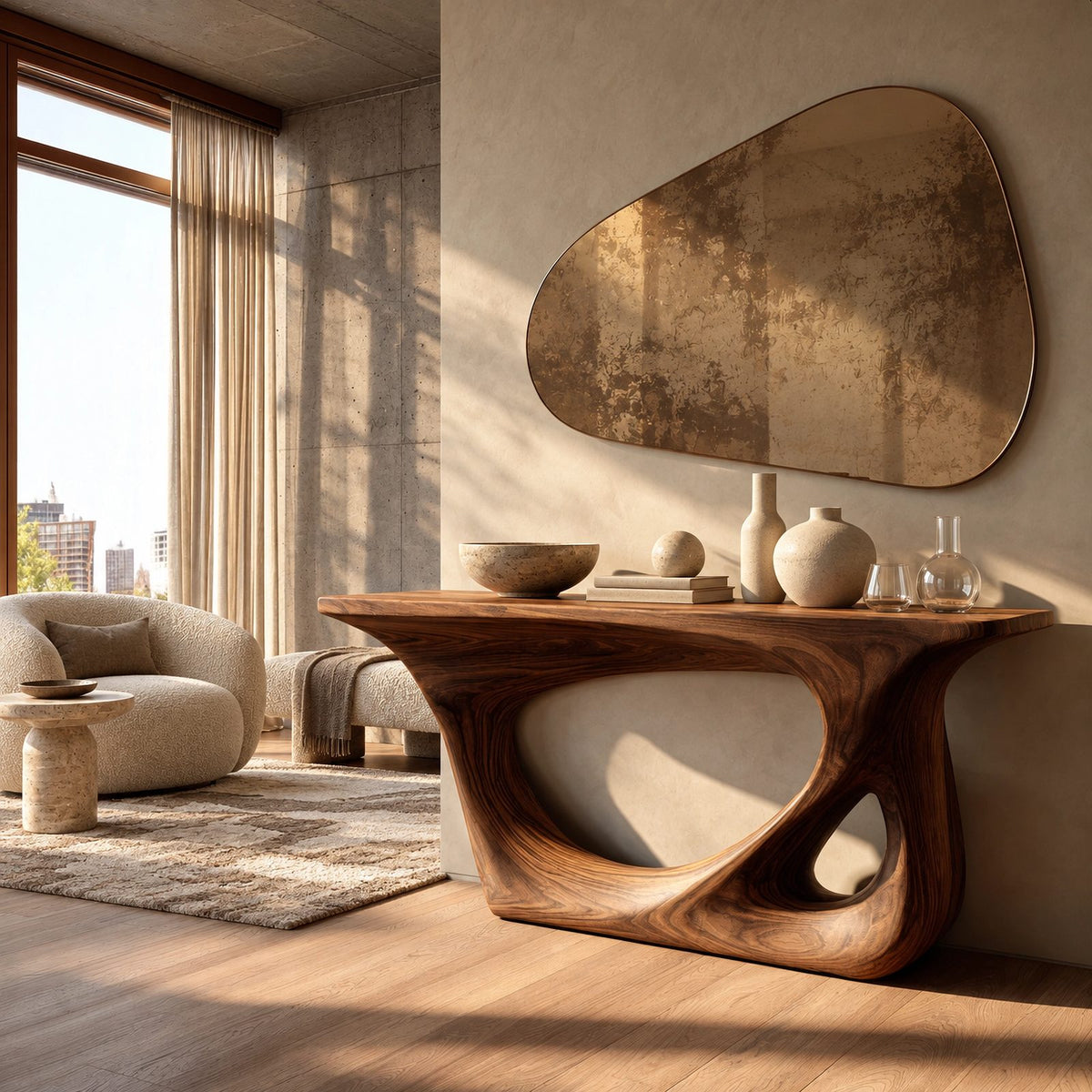 Abstract Sculpted Wood Console Table With Open Loop Cutout For Living Room