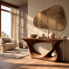 Abstract Sculpted Wood Console Table With Open Loop Cutout For Living Room