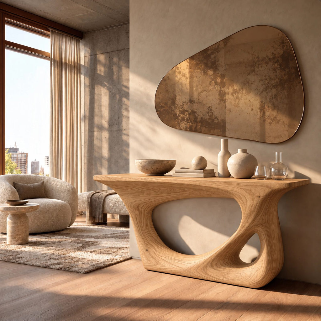 Abstract Sculpted Wood Console Table With Open Loop Cutout For Living Room