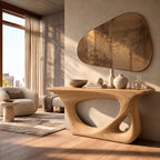 Abstract Sculpted Wood Console Table With Open Loop Cutout For Living Room