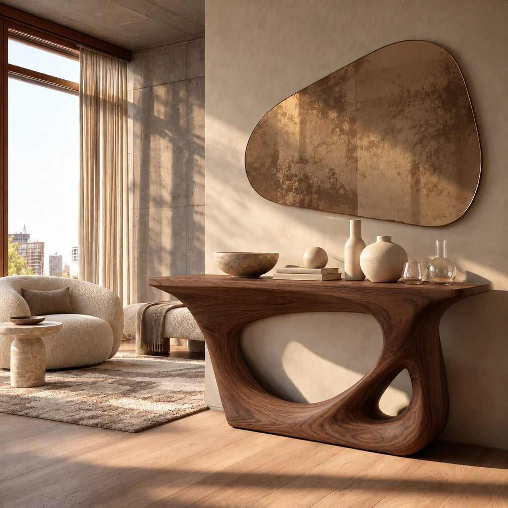 Abstract Sculpted Wood Console Table With Open Loop Cutout For Living Room