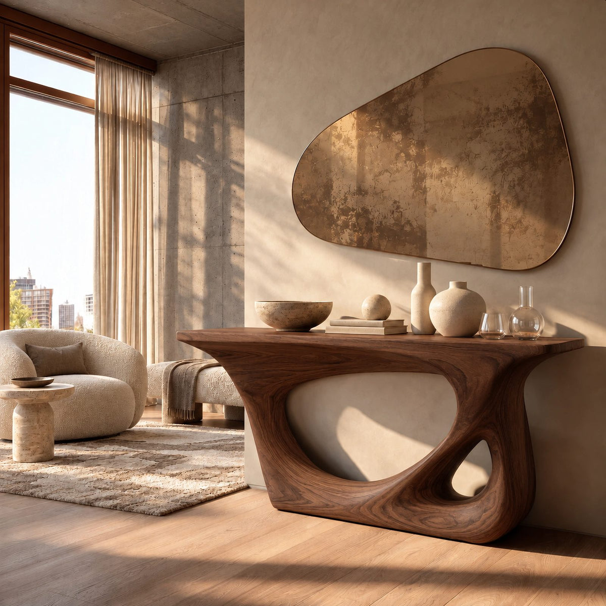 Abstract Sculpted Wood Console Table With Open Loop Cutout For Living Room