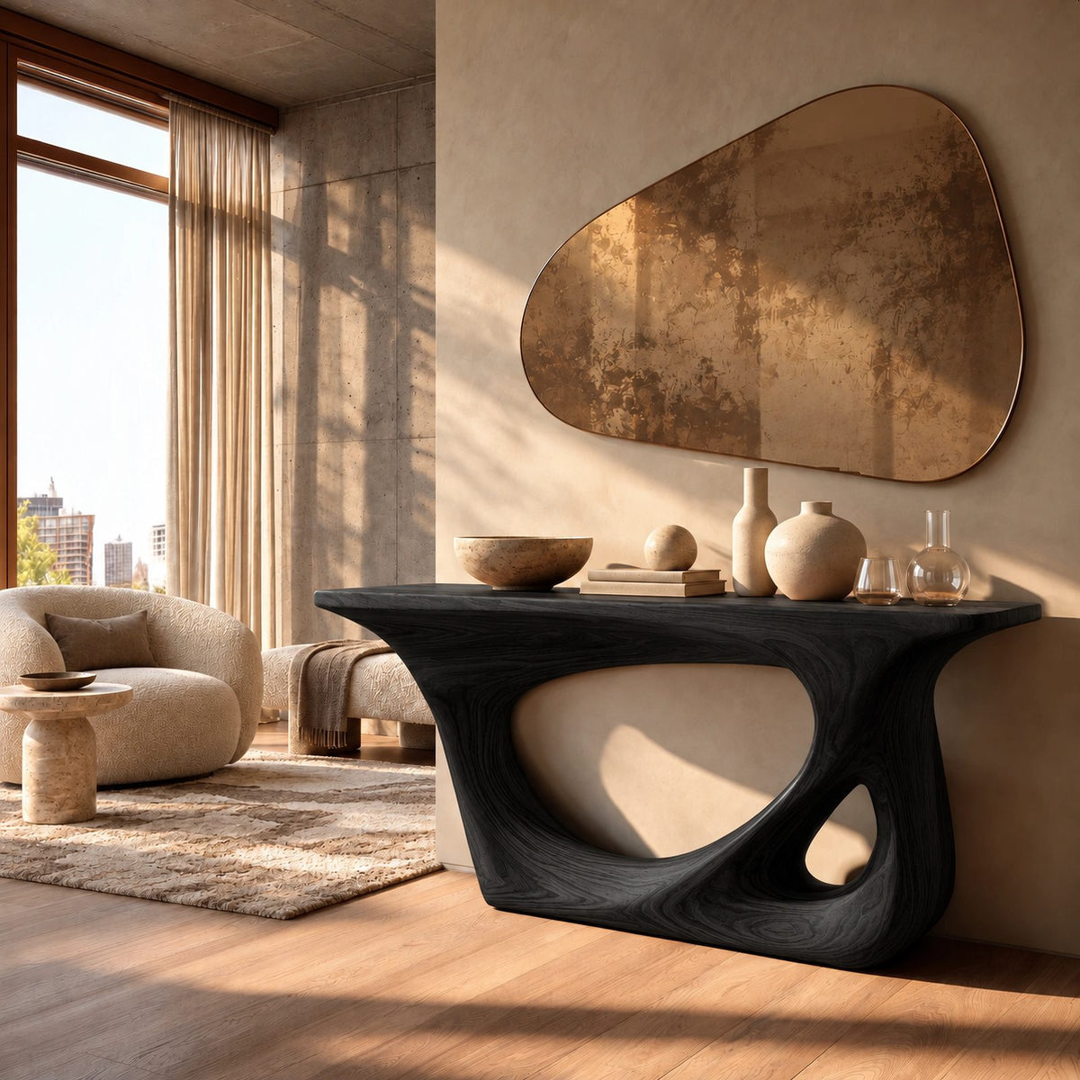 Abstract Sculpted Wood Console Table With Open Loop Cutout For Living Room