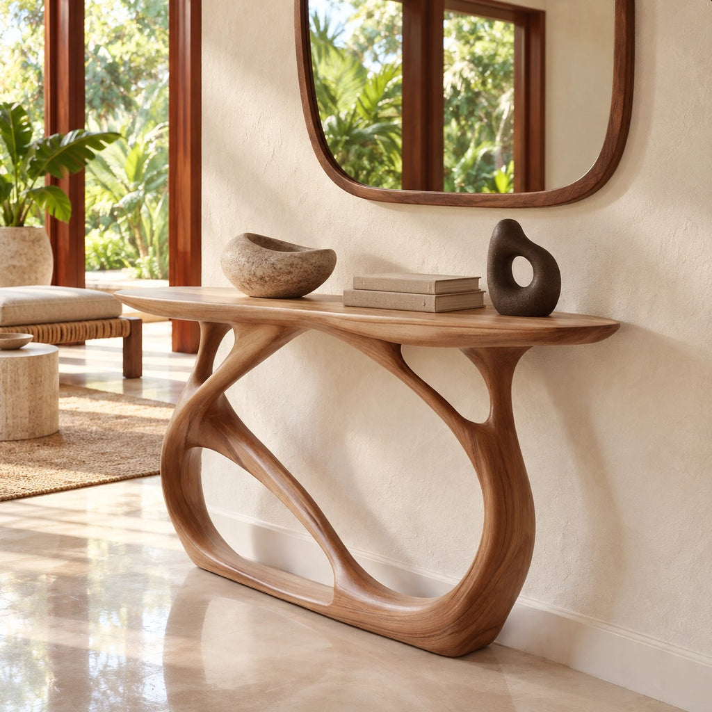 Artistic Openwork Wood Console Table With Arched Frame Base For Hallway