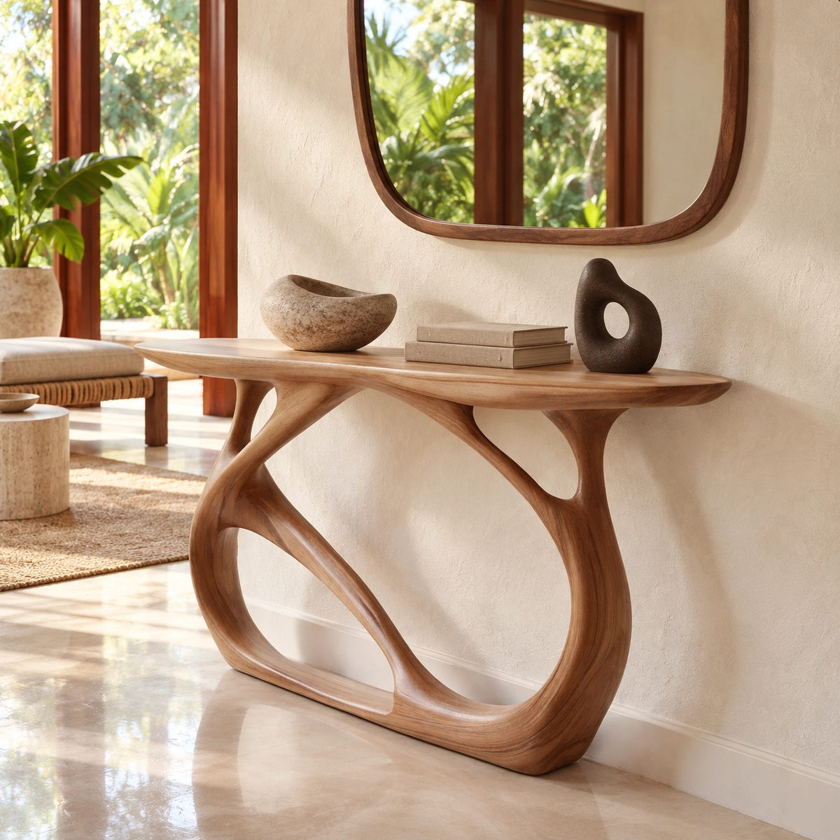 Artistic Openwork Wood Console Table With Arched Frame Base For Hallway