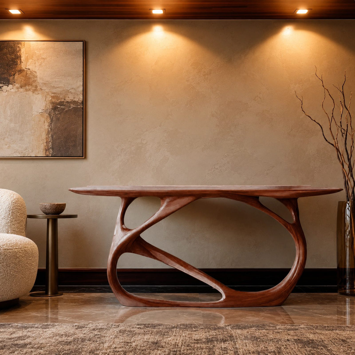 Artistic Openwork Wood Console Table With Arched Frame Base For Hallway