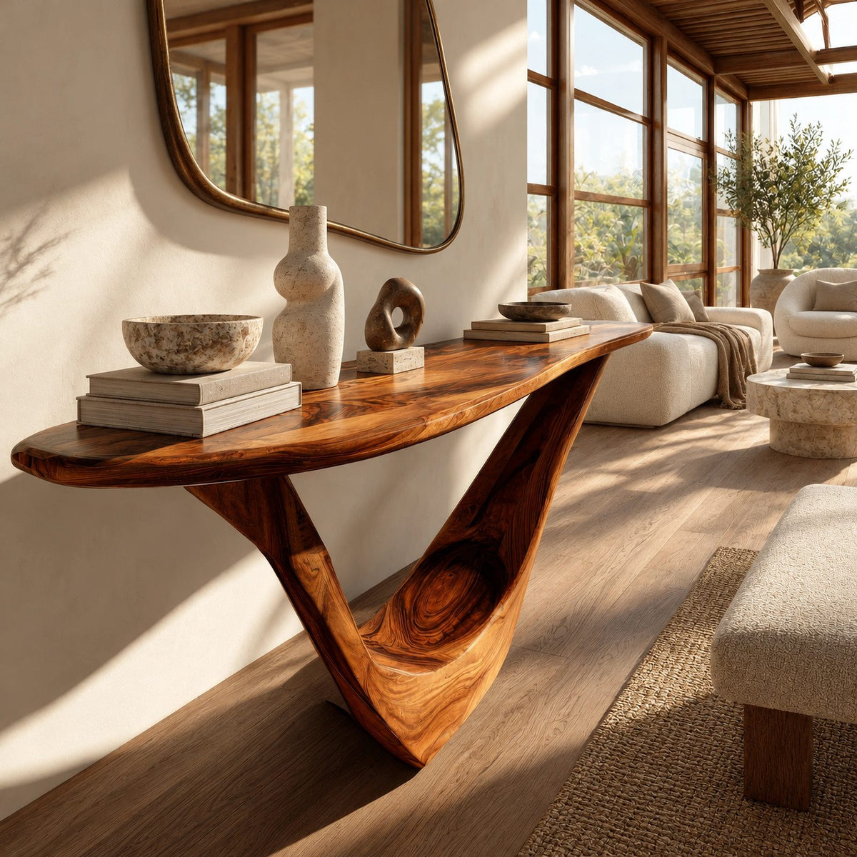Scandinavian Sculpted Console Table With V Shaped Cradle Base For Living Room