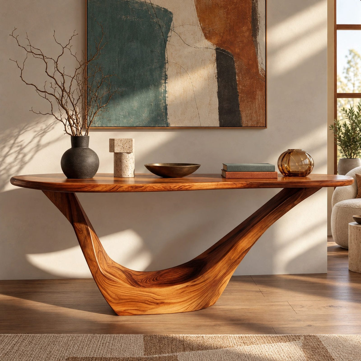 Scandinavian Sculpted Console Table With V Shaped Cradle Base For Living Room