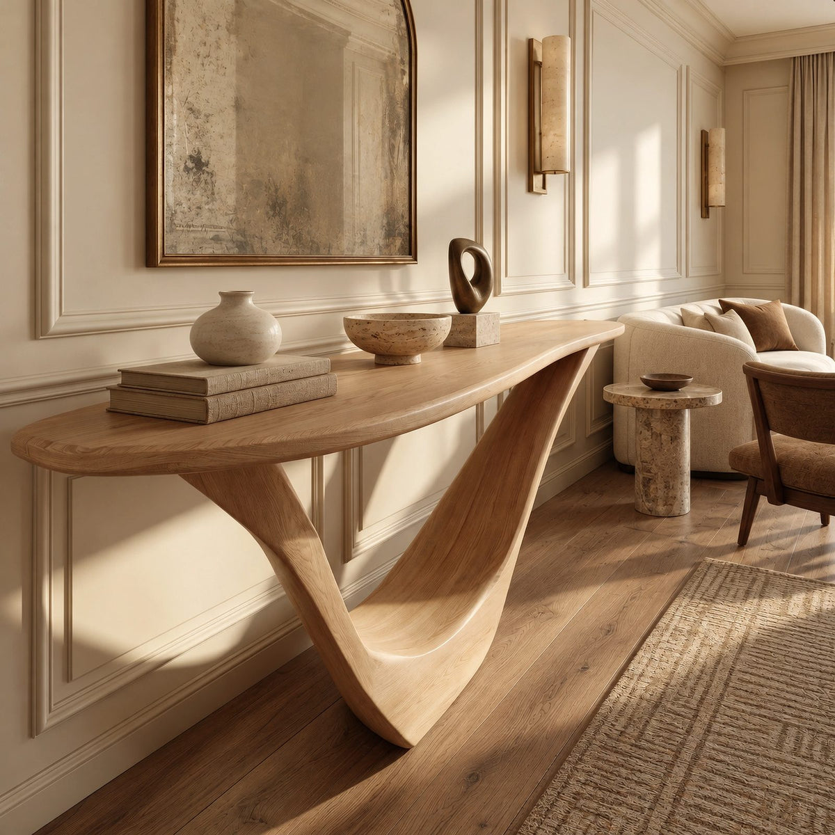 Scandinavian Sculpted Console Table With V Shaped Cradle Base For Living Room