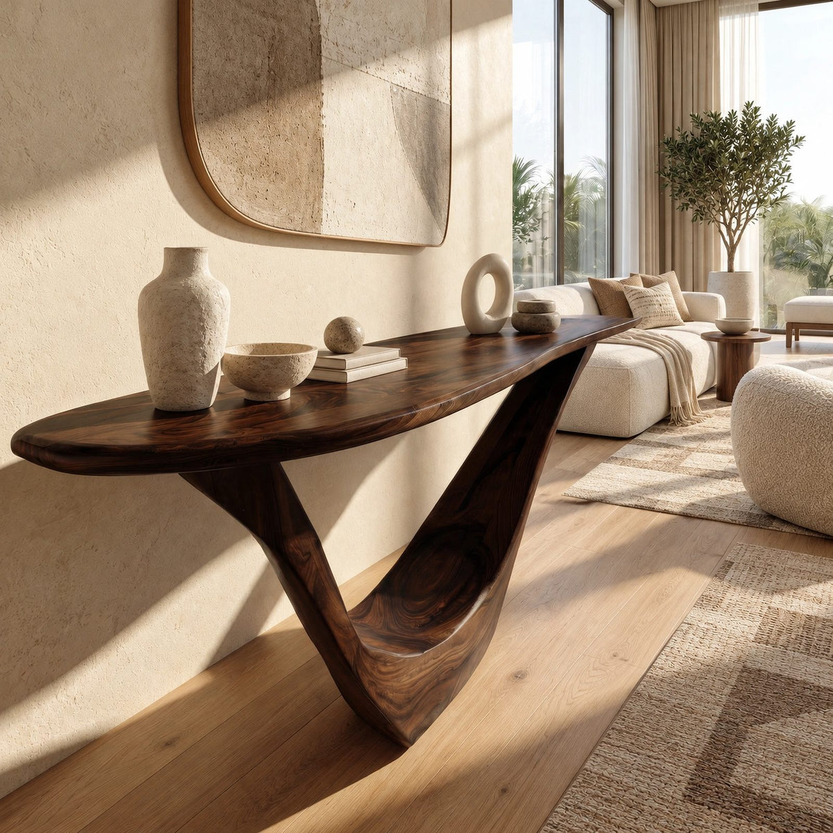 Scandinavian Sculpted Console Table With V Shaped Cradle Base For Living Room
