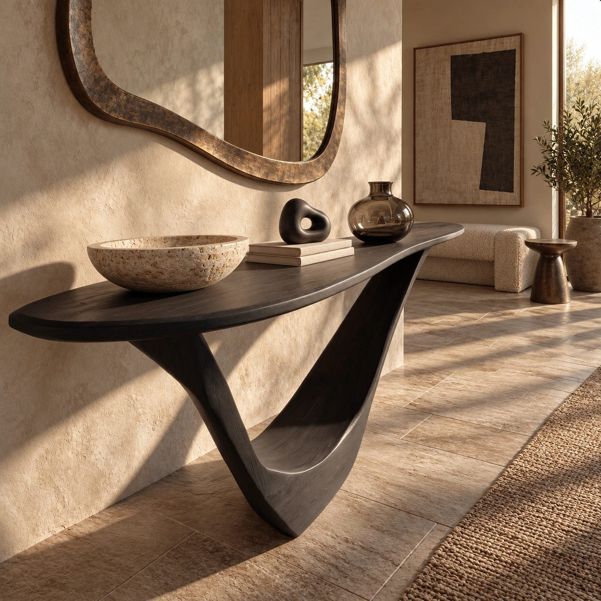 Scandinavian Sculpted Console Table With V Shaped Cradle Base For Living Room