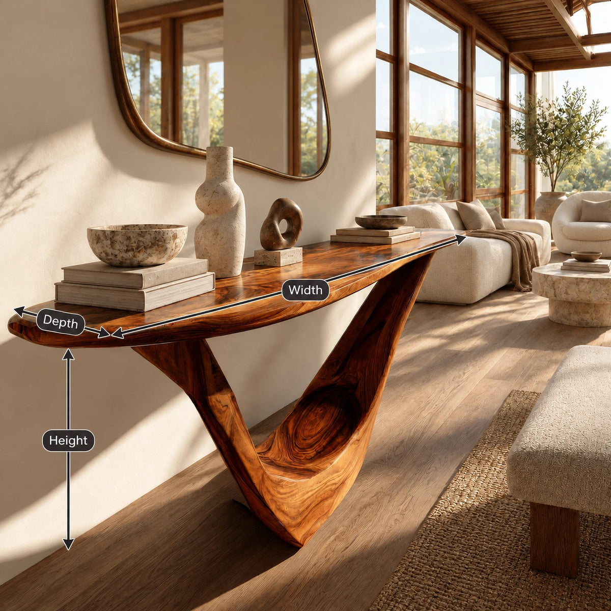 Scandinavian Sculpted Console Table With V Shaped Cradle Base For Living Room