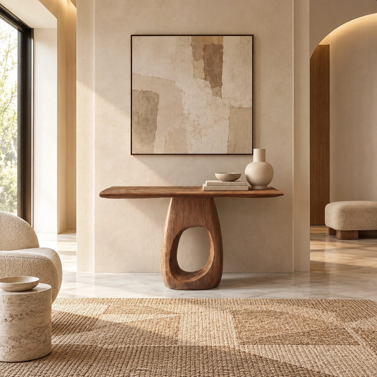 Organic Sculptural Wood Console Table With Open Loop Base For Entryway