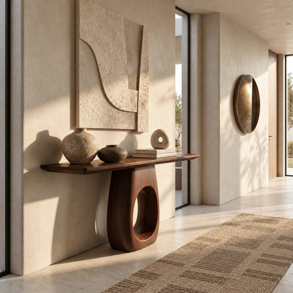 Organic Sculptural Wood Console Table With Open Loop Base For Entryway