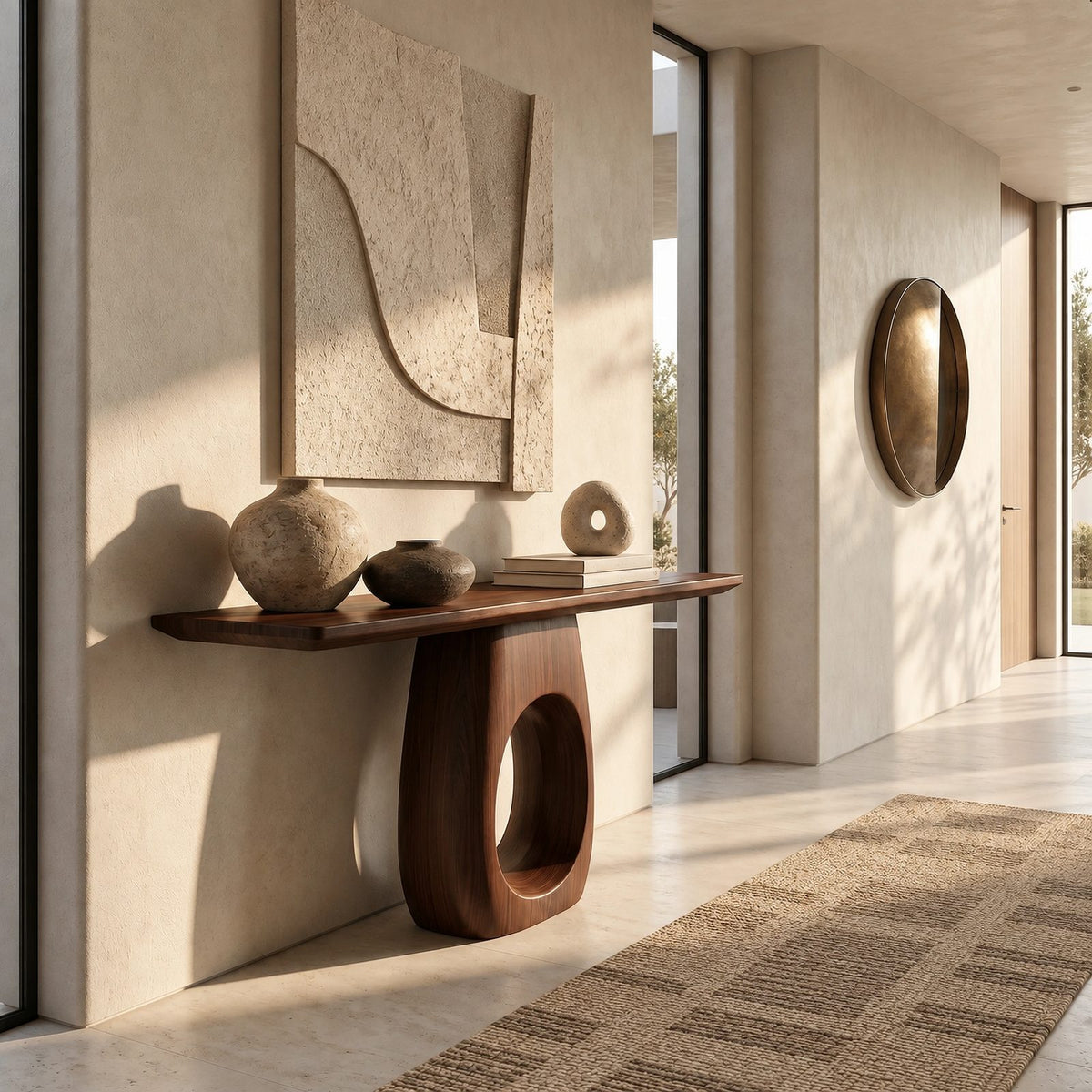Organic Sculptural Wood Console Table With Open Loop Base For Entryway