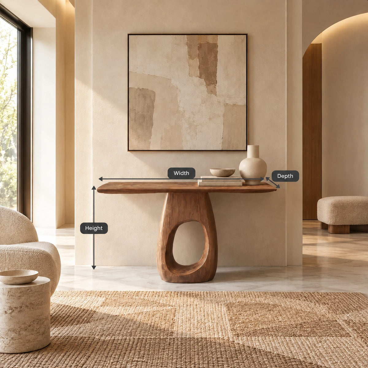 Organic Sculptural Wood Console Table With Open Loop Base For Entryway