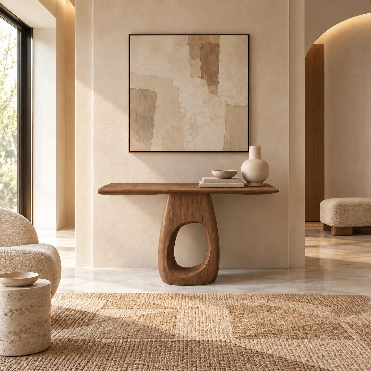 Organic Sculptural Wood Console Table With Open Loop Base For Entryway