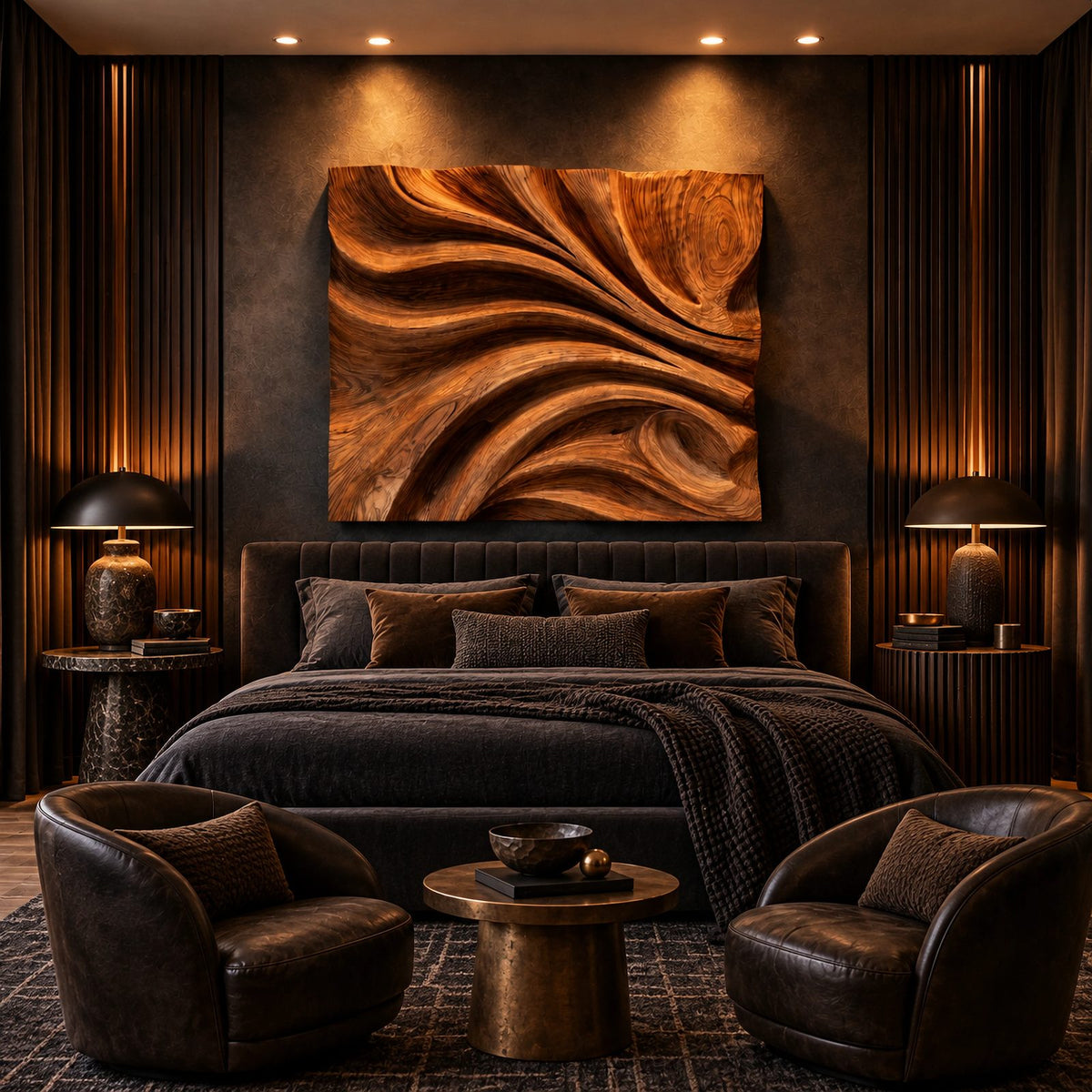 Contemporary Carved Wood Wall Art With Sculpted Fold Design For Bedroom