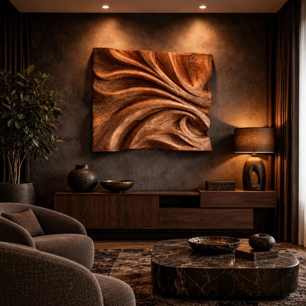 Contemporary Carved Wood Wall Art With Sculpted Fold Design For Bedroom