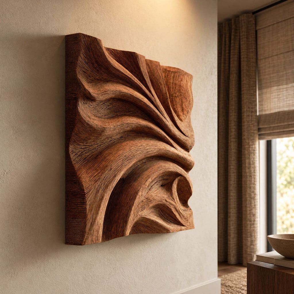 Contemporary Carved Wood Wall Art With Sculpted Fold Design For Bedroom