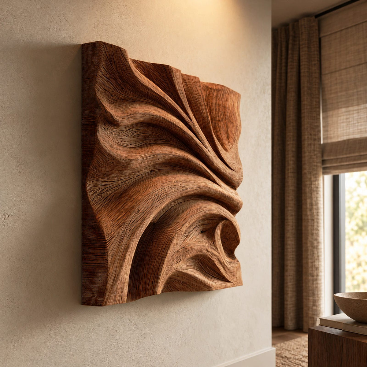 Contemporary Carved Wood Wall Art With Sculpted Fold Design For Bedroom
