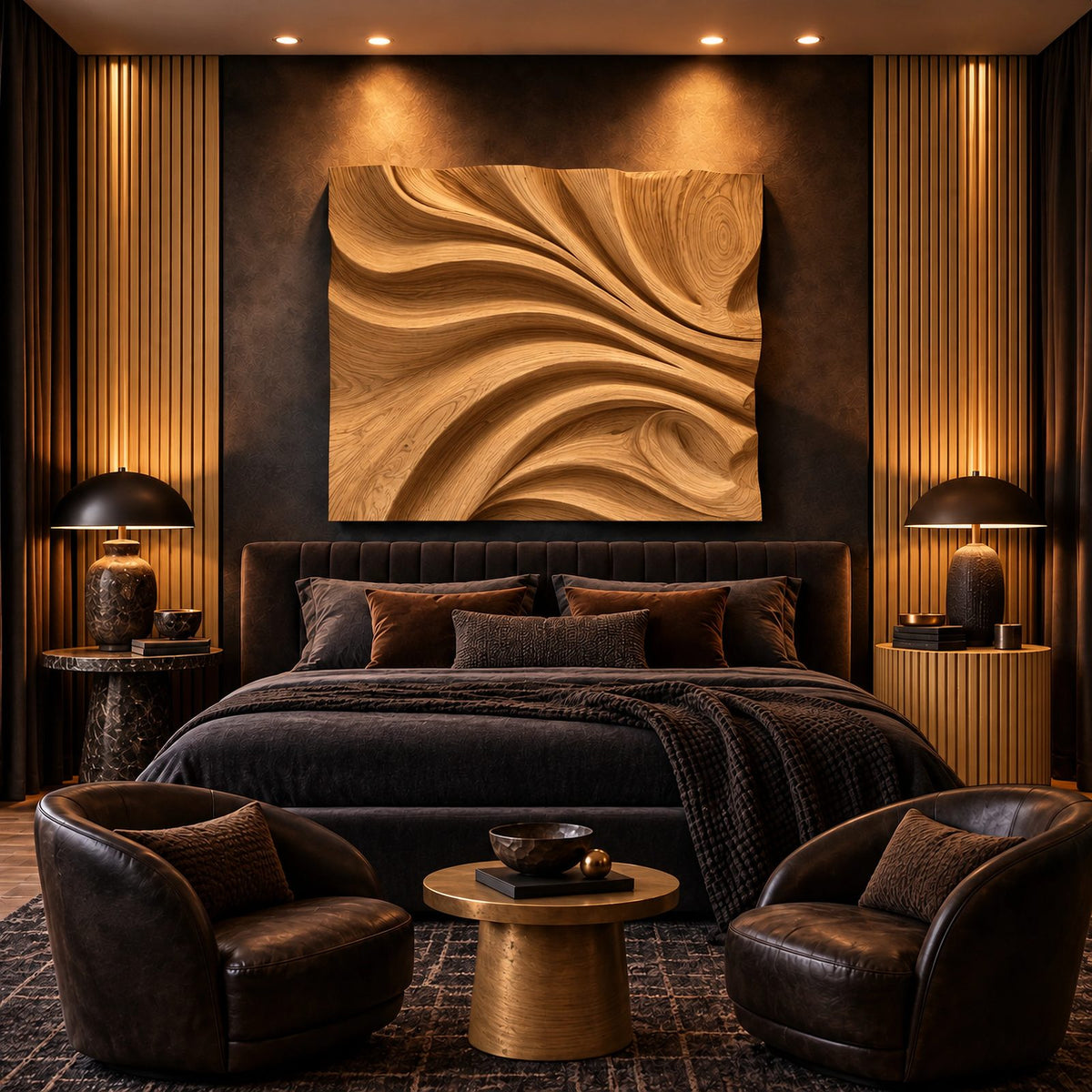 Contemporary Carved Wood Wall Art With Sculpted Fold Design For Bedroom
