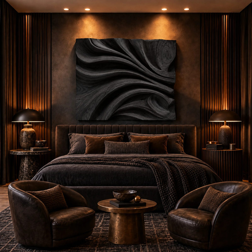 Contemporary Carved Wood Wall Art With Sculpted Fold Design For Bedroom