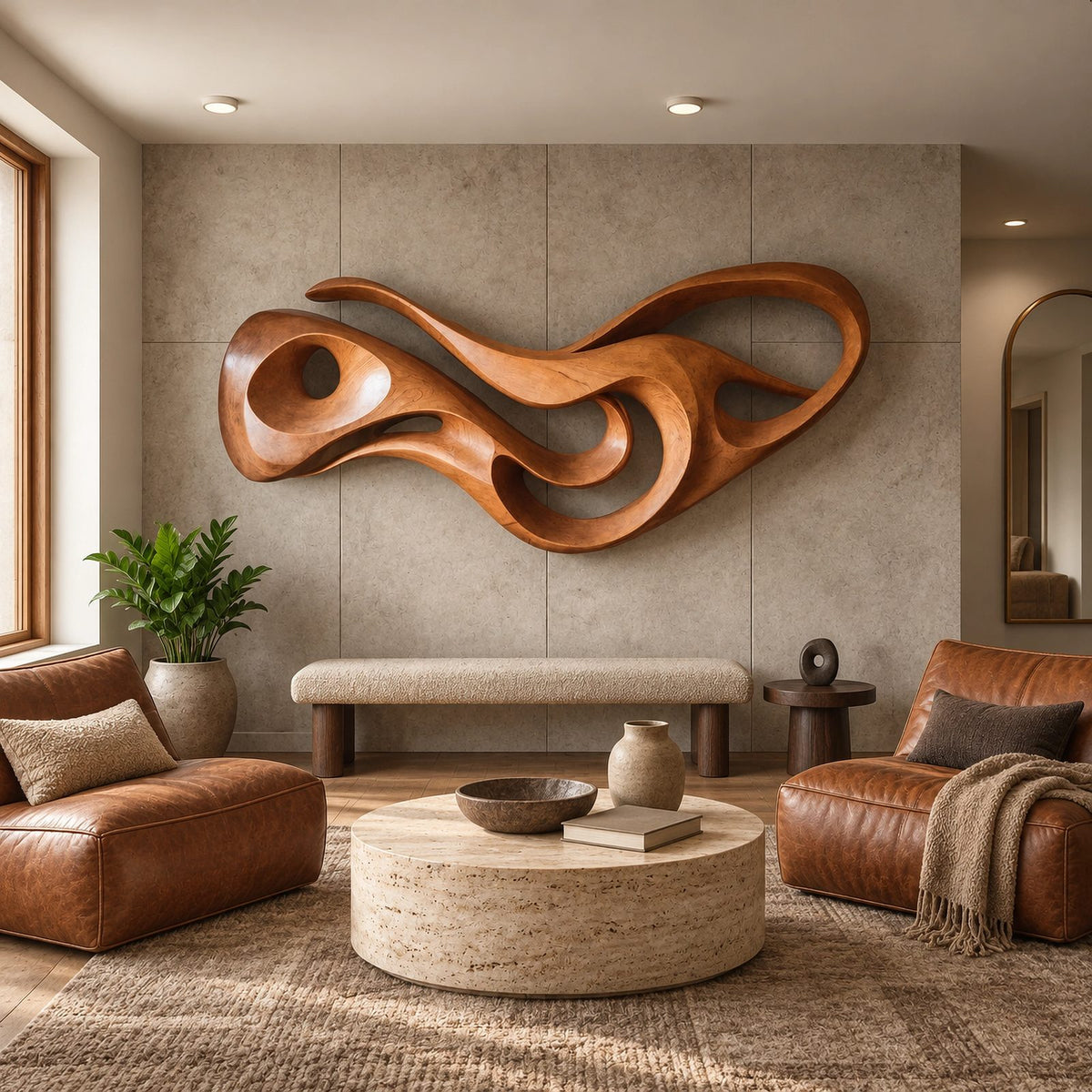 Abstract Carved Wood Wall Art With Open Hollow Design For Living Room