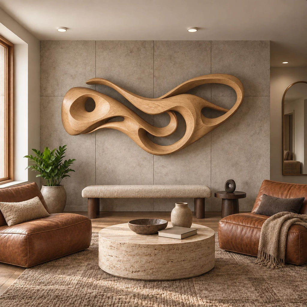 Abstract Carved Wood Wall Art With Open Hollow Design For Living Room
