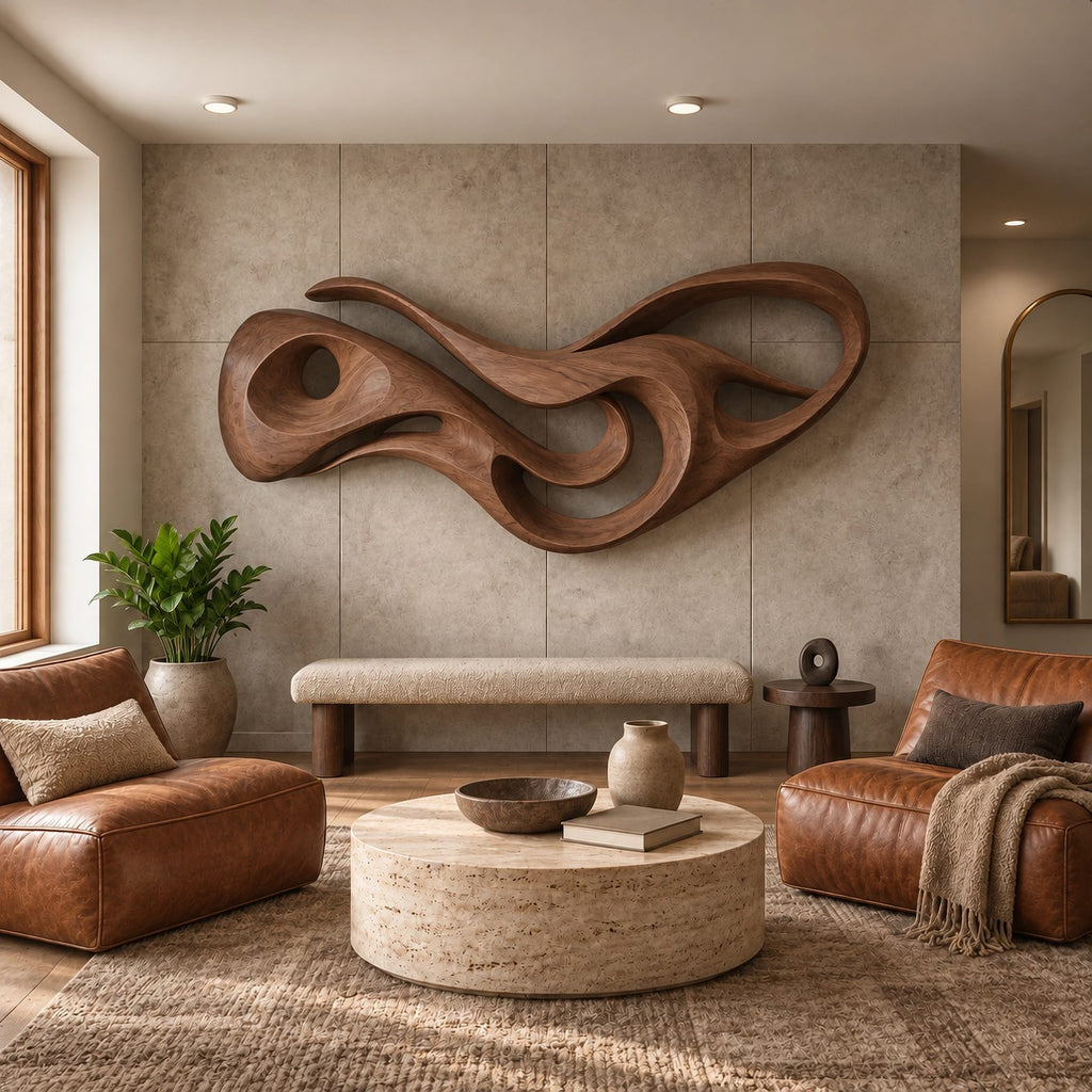 Abstract Carved Wood Wall Art With Open Hollow Design For Living Room