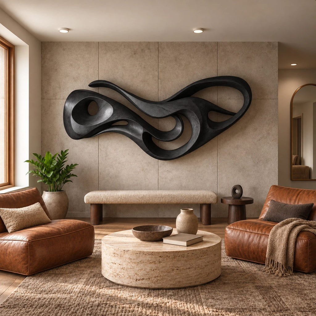 Abstract Carved Wood Wall Art With Open Hollow Design For Living Room