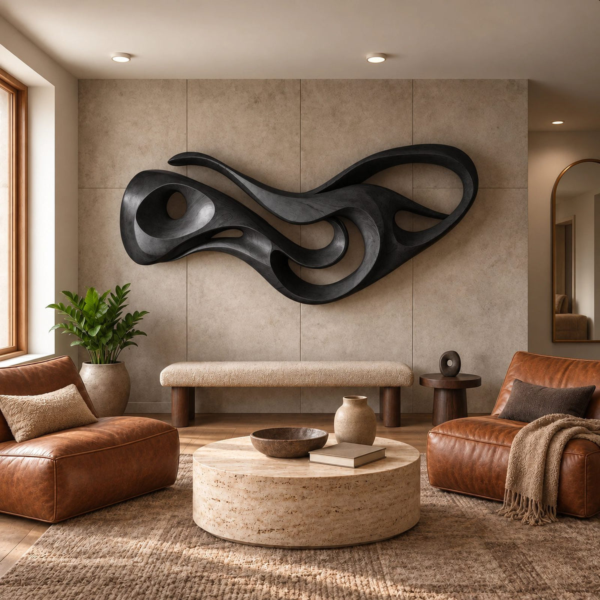Abstract Carved Wood Wall Art With Open Hollow Design For Living Room