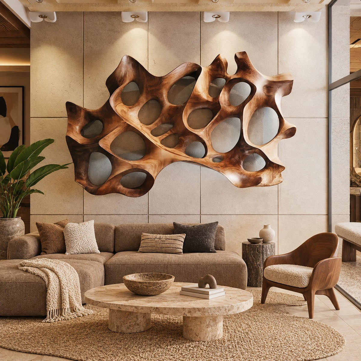 Sculptural Carved Wood Wall Art With Layered Hollow Design For Living Room
