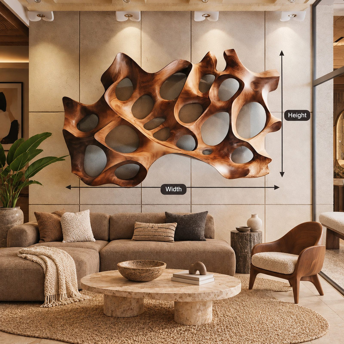 Sculptural Carved Wood Wall Art With Layered Hollow Design For Living Room