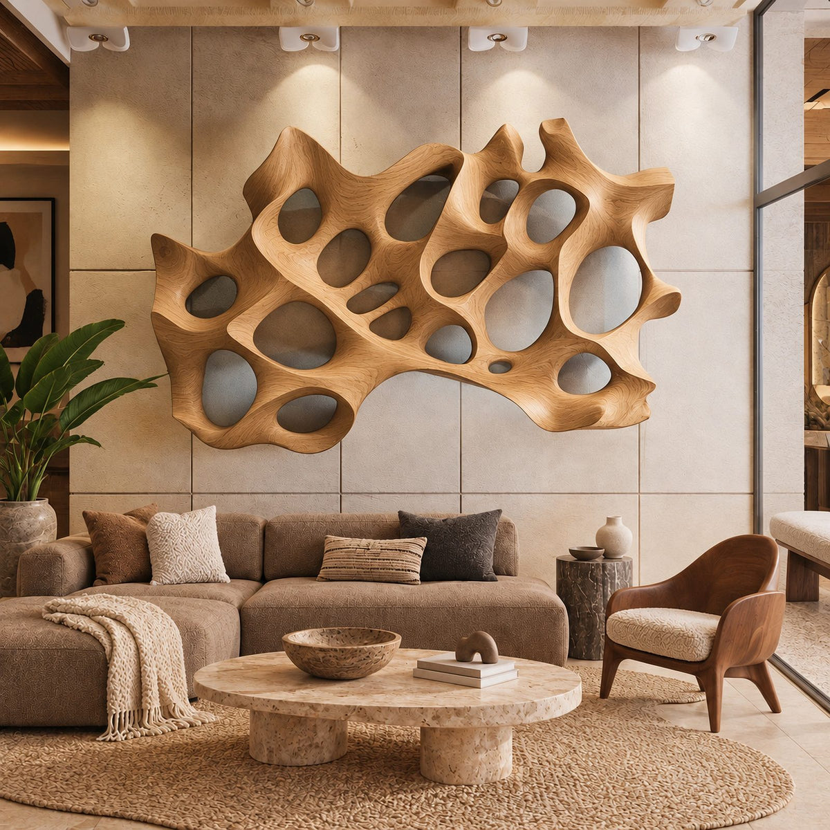 Sculptural Carved Wood Wall Art With Layered Hollow Design For Living Room