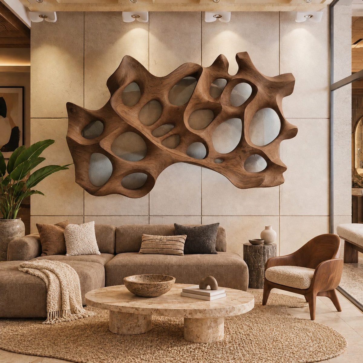 Sculptural Carved Wood Wall Art With Layered Hollow Design For Living Room
