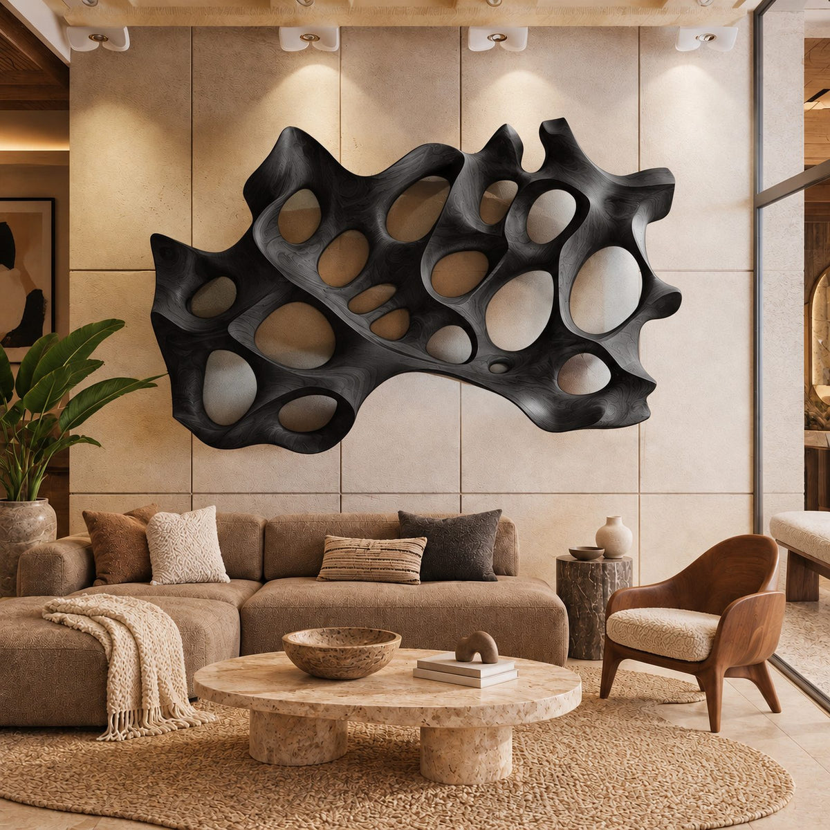 Sculptural Carved Wood Wall Art With Layered Hollow Design For Living Room