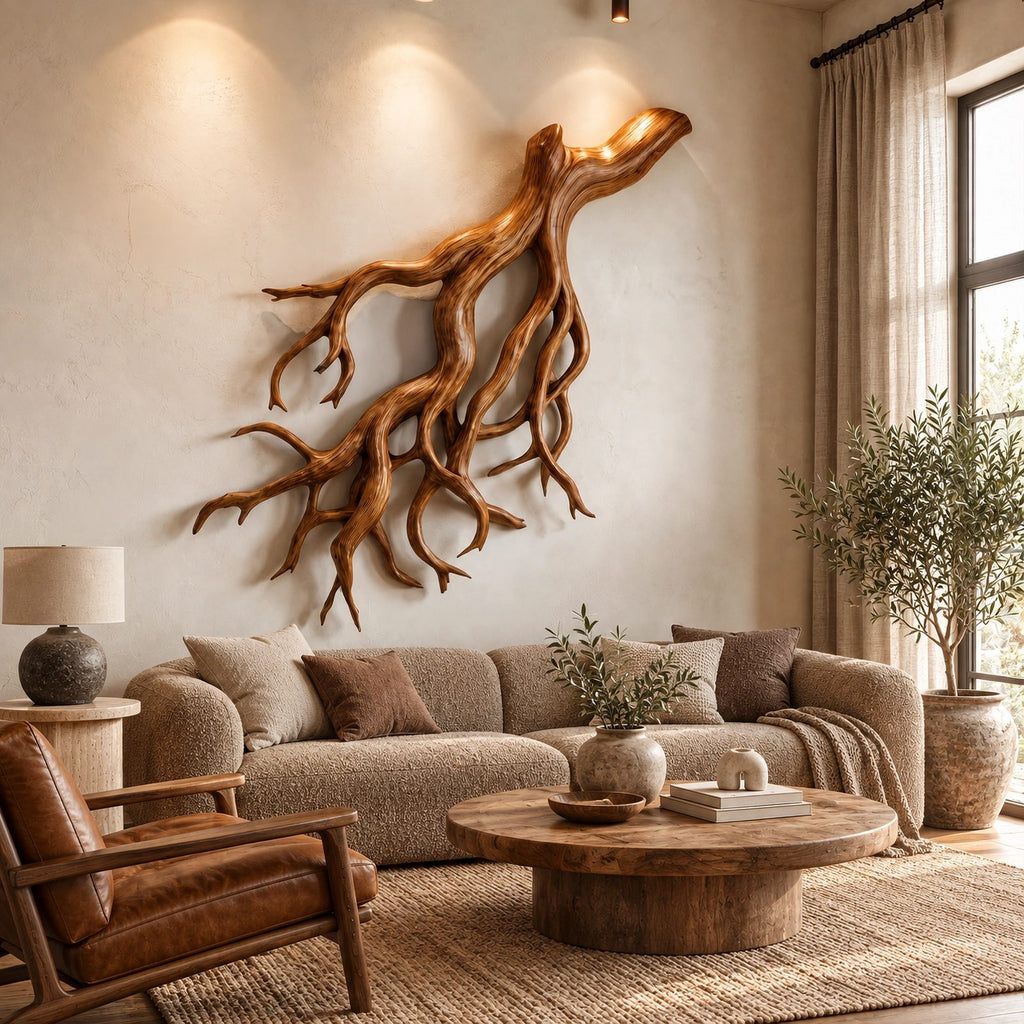 Coastal Driftwood Wall Sculpture With Fanning Root Form For Living Room