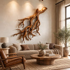 Coastal Driftwood Wall Sculpture With Fanning Root Form For Living Room