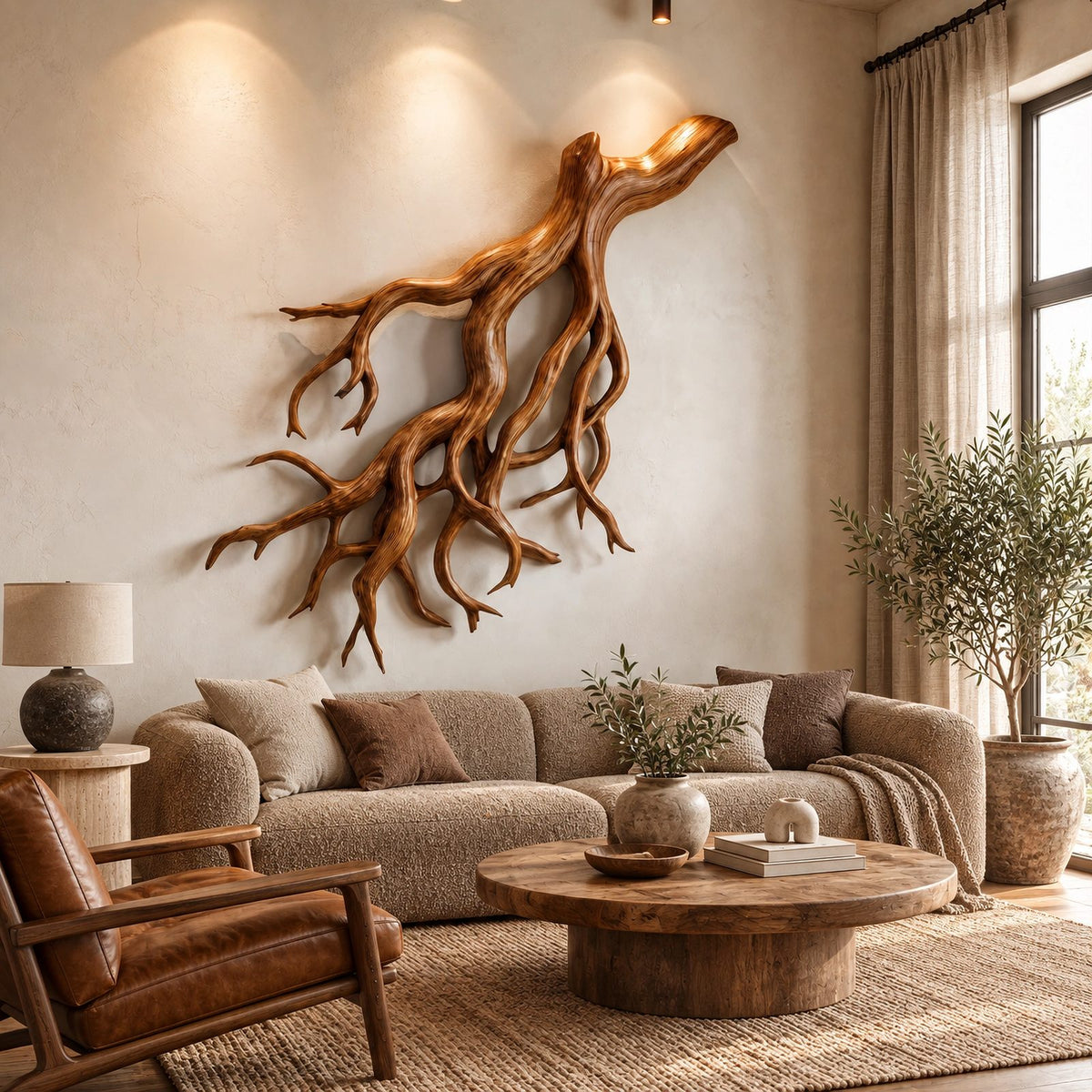 Coastal Driftwood Wall Sculpture With Fanning Root Form For Living Room
