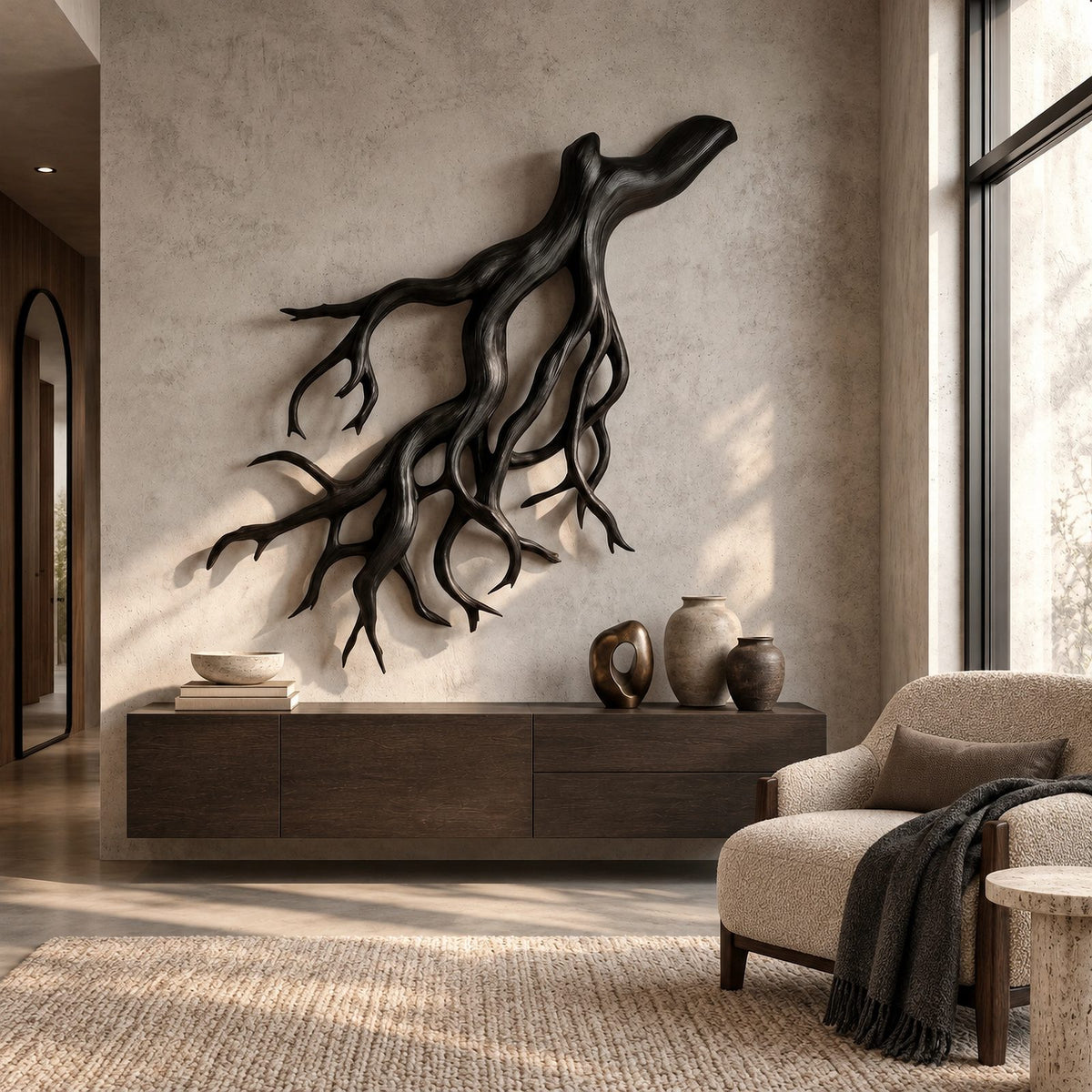 Coastal Driftwood Wall Sculpture With Fanning Root Form For Living Room