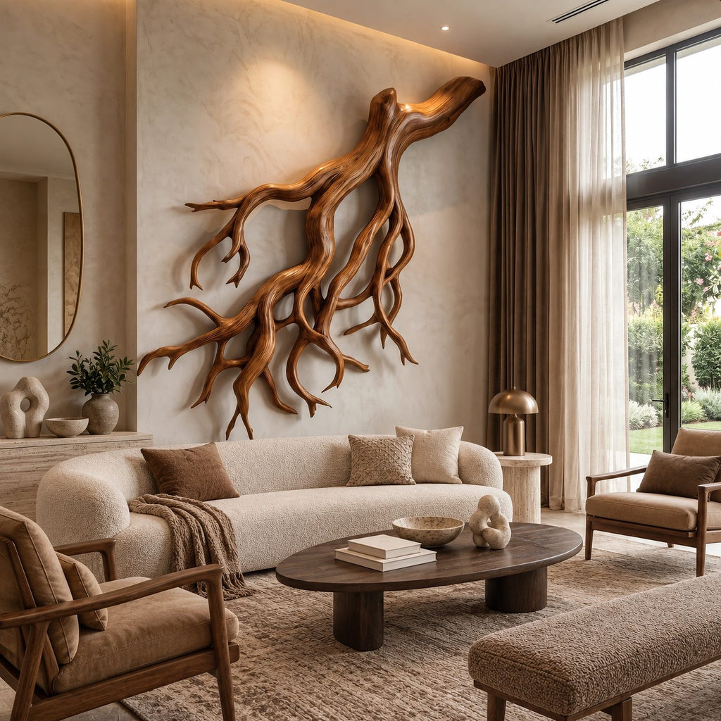 Coastal Driftwood Wall Sculpture With Fanning Root Form For Living Room