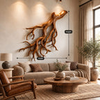 Coastal Driftwood Wall Sculpture With Fanning Root Form For Living Room