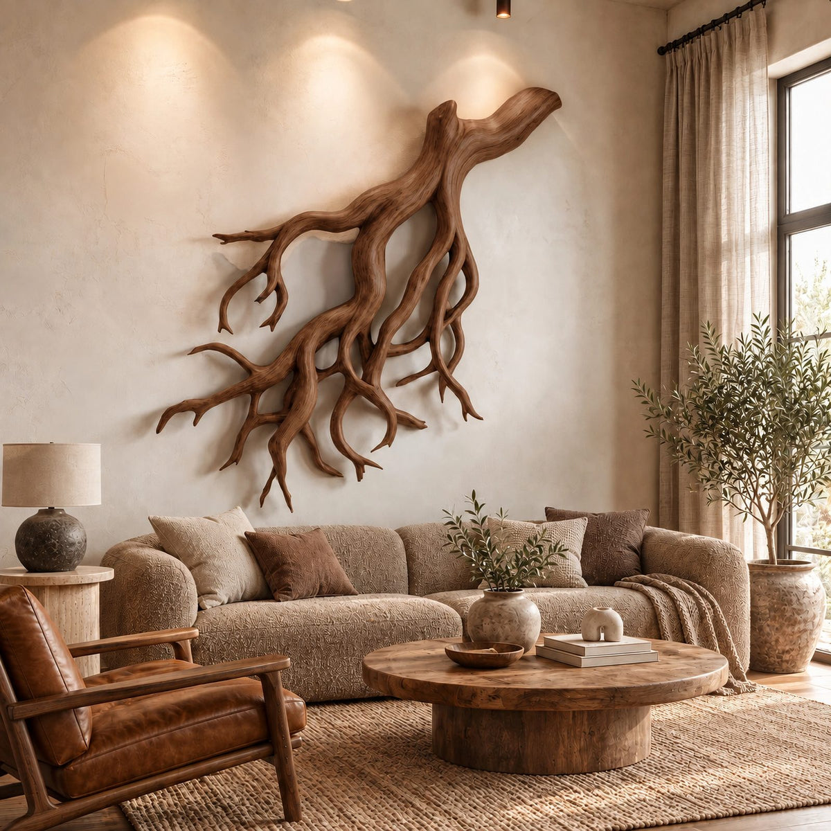 Coastal Driftwood Wall Sculpture With Fanning Root Form For Living Room