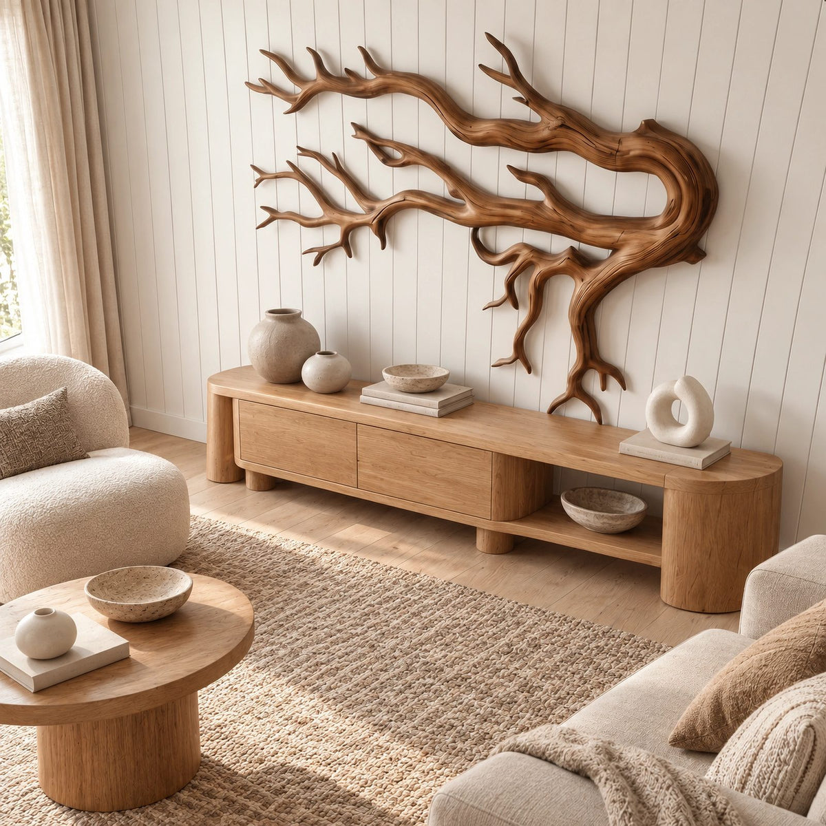 Artisan Wood Wall Sculpture With Layered Root Branches For Living Room