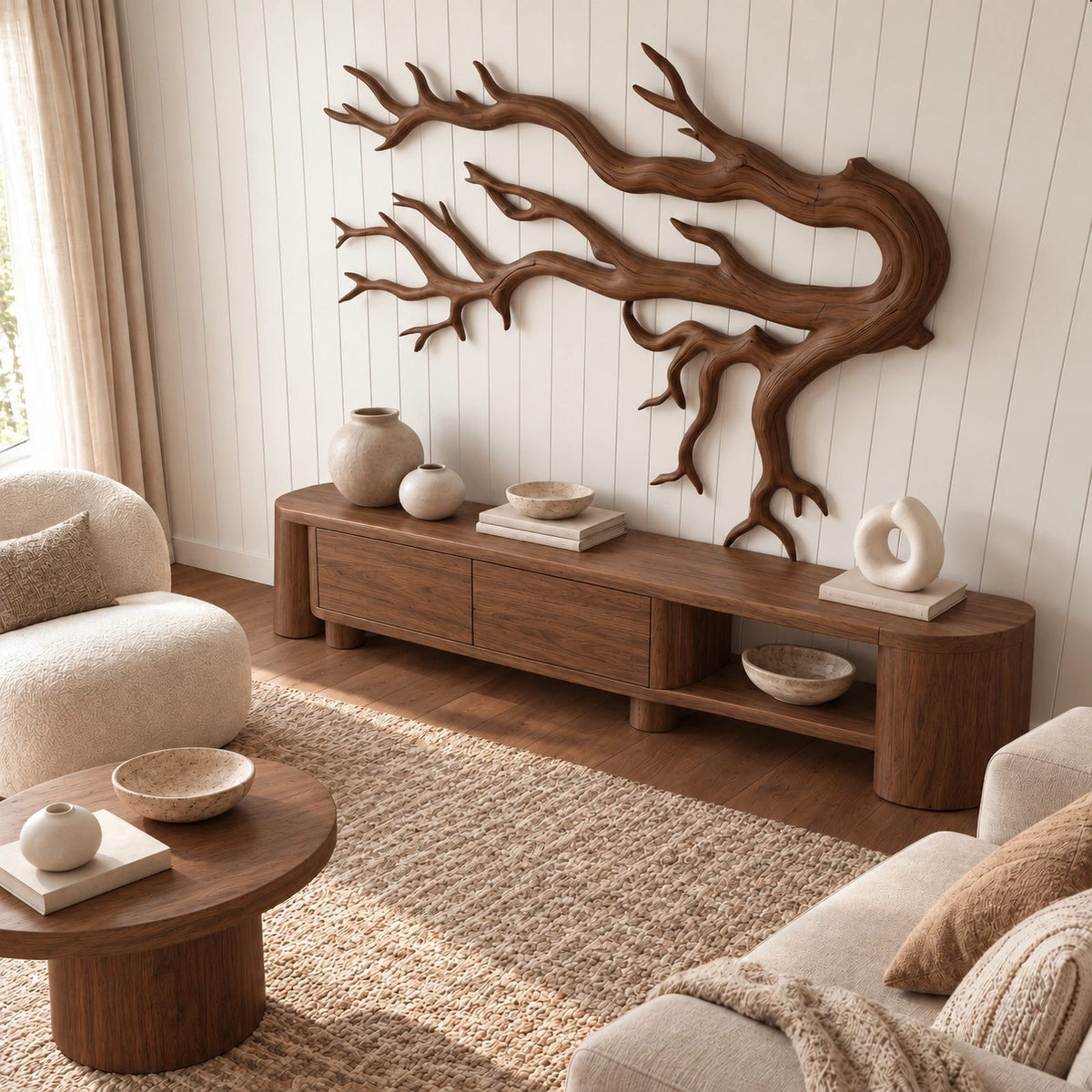 Artisan Wood Wall Sculpture With Layered Root Branches For Living Room