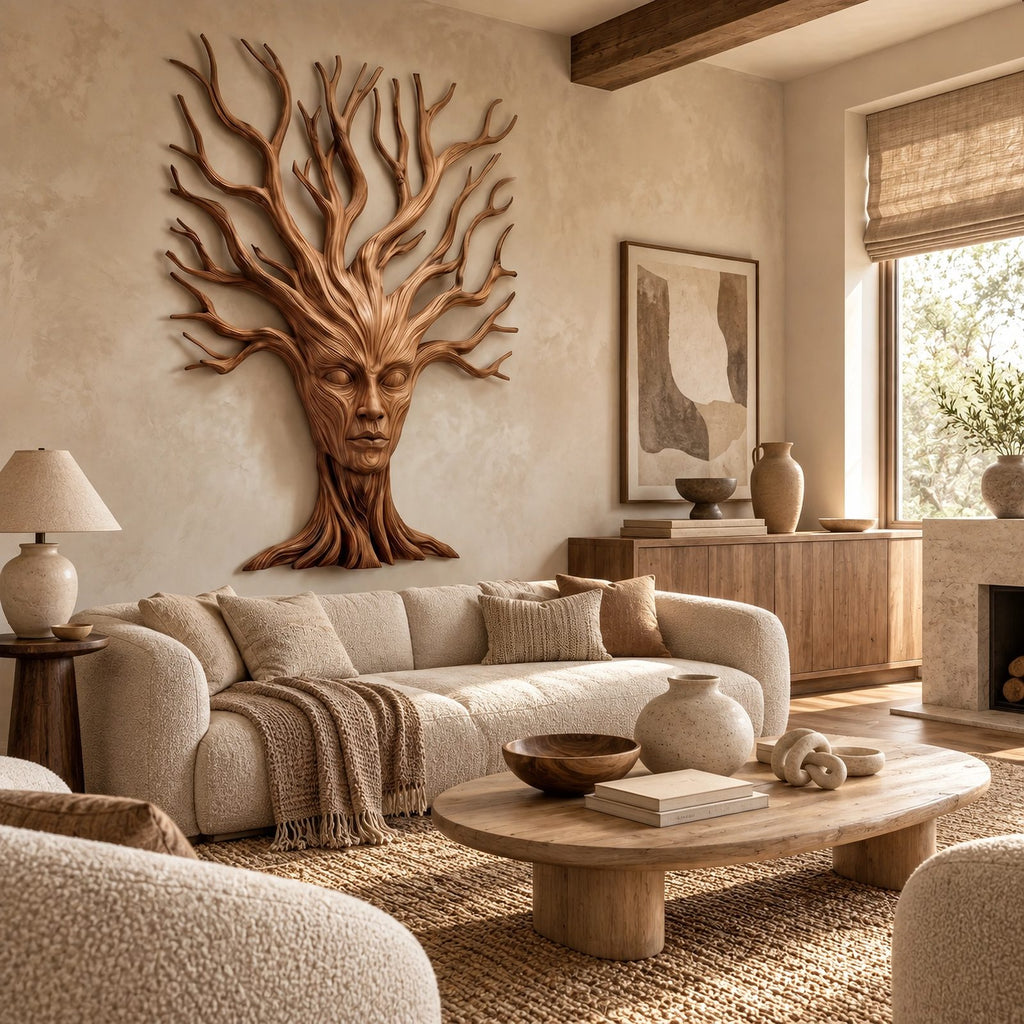 Sculptural Wood Tree Wall Art With Carved Face Design For Entryway